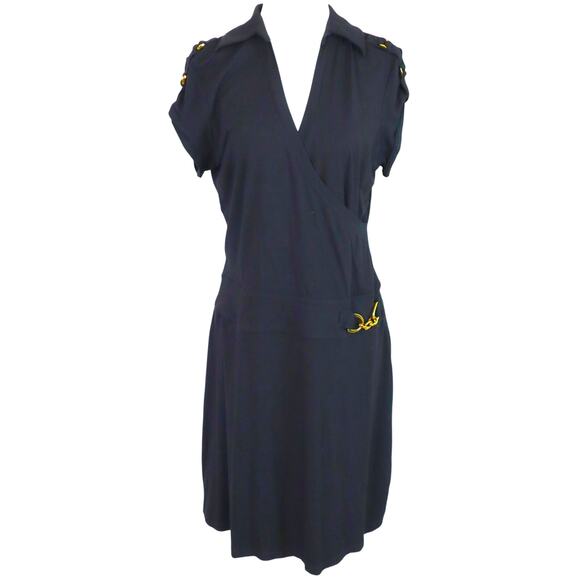 Cache Black Wrap Waist Dress Chain Gold Small Short Roll Tab Sleeve Collar Large - Picture 1 of 7